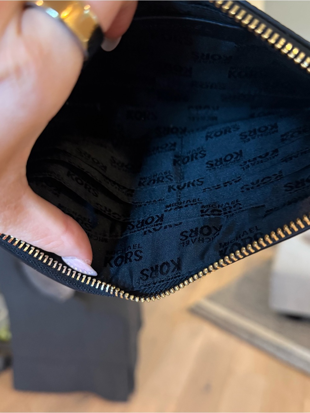 Michael Kors Black Zip Up Black Leather Envelope Pouch Gold Hardware 10" by 5" - Picture 3 of 5